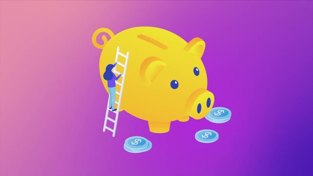 Isometric gradient piggy bank saving and financial concept, coins and woman set. Deposit or save the money.