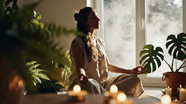 Peaceful woman meditating in sunlit room with houseplants and glowing candles