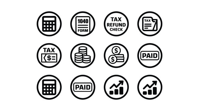 Black and white tax icons set including calculator refund check paid bills and financial graphs on clean white background for business and finance concepts