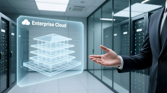 Professional presenting holographic enterprise cloud architecture illustrating data layering and vital AI Governance frameworks for strategic control in modern data center