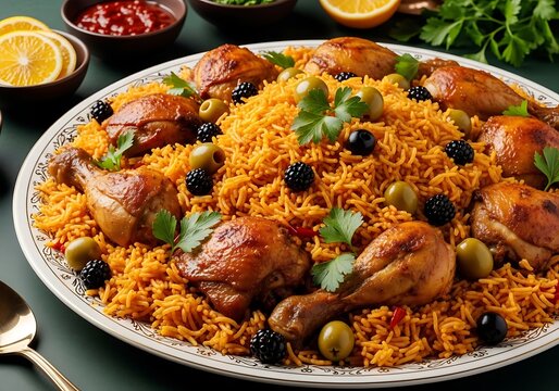 Kabsa a rice dish with chicken olives and blackberries