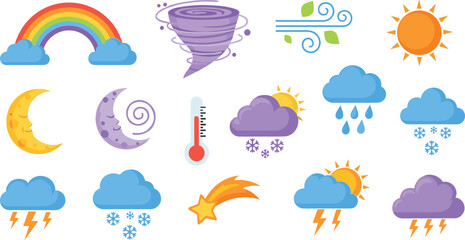 Colorful Weather Icon Set Featuring Sun, Clouds, Rain, Snow, Rainbow, Tornado, Moon, and Lightning for Mobile Apps, Forecast Widgets, and Educational Graphic Designs