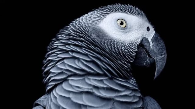 Close up portrait of an african grey parrot against black