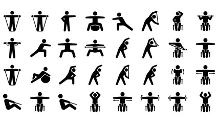 ゆったりと体操やストレッチを行う、カラフルでなめらかな質感のピクトグラムセットです。健康促進のポスターやリハビリ施設の案内動画、SNSのフィットネス発信などに最適です。見る人に安らぎと活力を与えます。