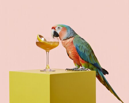 Vibrant colorful parrot perched beside a cocktail glass filled with orange drink garnished with citrus slice on a bright yellow surface