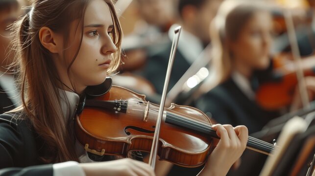 Young woman playing the violin in a classical orchestra