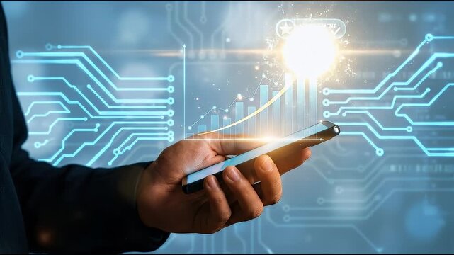 Close-up of a hand holding smartphone with futuristic holographic growth chart and star achievement icon floating above screen, soft blue technology background, cinematic lighting, shallow depth of fi