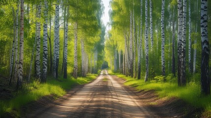 Fototapeta premium Peaceful dirt road through a lush birch forest