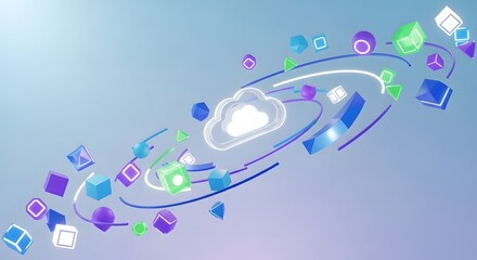 Cloud Computing Technology 3D Background With Floating Geometric Data Shapes