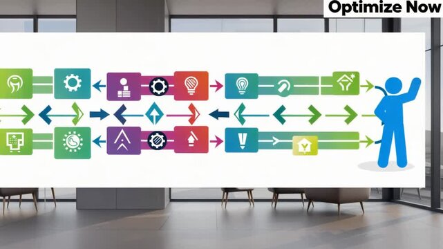A person optimizes business process workflow in modern office background with various icons and arrows