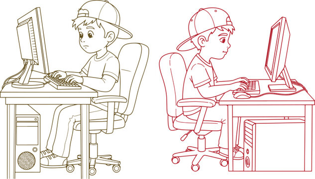 Young boy in cap sitting at computer desk using keyboard and mouse