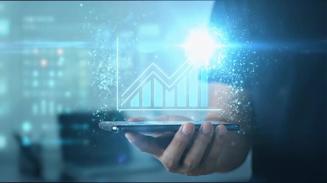 Close-up of a hand holding smartphone with futuristic holographic growth chart and star achievement icon floating above screen, soft blue technology background, cinematic lighting, shallow depth of fi
