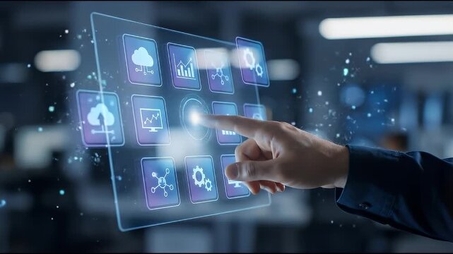 Close-up of a professional extending a finger to touch a transparent digital interface panel with multiple business technology icons arranged in floating squares, subtle finger tap with slow push-in c