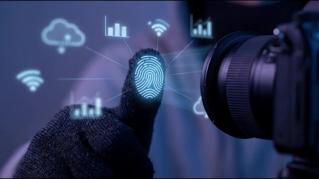 Close-up of a thumb extended toward the camera with a glowing fingerprint icon highlighted at the center and connected to cloud and analytics symbols, subtle hand stabilization with slow push-in, cool