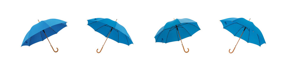 3D Blue Umbrella Set Open and Closed Cartoon Style Isolated Transparent BG Cutout PNG Set