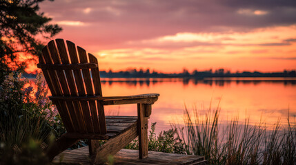 Fototapeta premium Wooden chair overlooking calm lake at vibrant orange and pink sunset with soft clouds and silhouetted distant shoreline reflecting on water surface