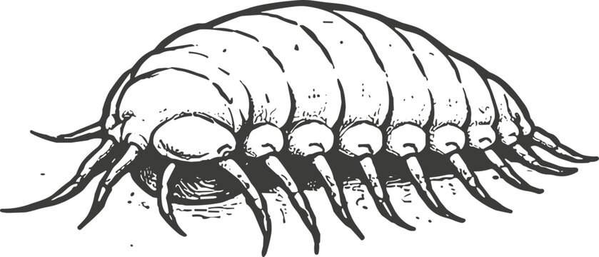 Detailed vintage black and white illustration of a woodlouse isopod showing segmented body