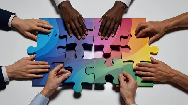 Diverse hands collaboratively arrange vibrant gradient puzzle pieces into a circle on white