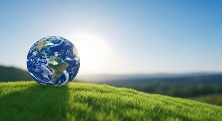 A detailed globe of Earth rests on a vibrant green grassy hill under a bright, clear blue sky with the sun shining.
