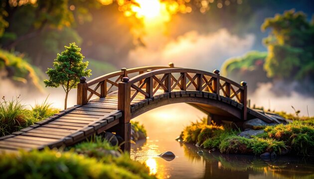 FlyPro Firefly Miniature Intricately Designed Bridge Crafted From Dark Polished Wood Connecting Two Stylized Landmasses Representing a Serene Garden Scene