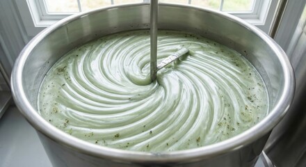 Fototapeta premium Industrial mixer stirring green liquid in stainless steel vat
