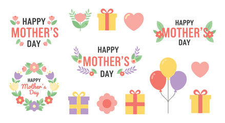 Obraz premium Happy mothers day icon set with flowers gifts and balloons