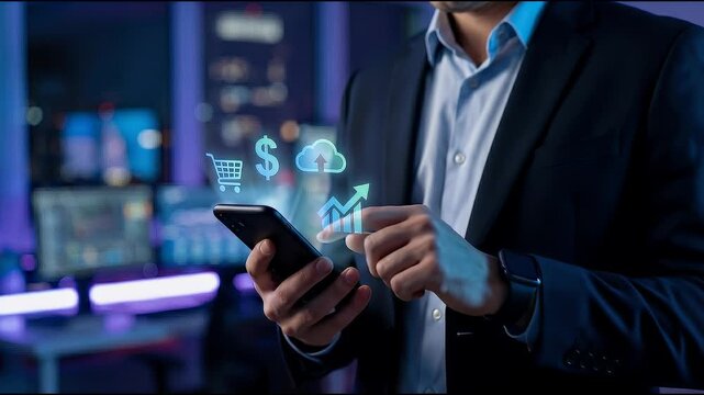 Medium close-up of a professional holding a smartphone as small digital commerce and finance icons appear above the screen alongside a rising arrow, subtle thumb interaction with slow cinematic push-i