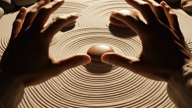 Person's hands framing smooth, polished stones in a meticulously raked sand garden