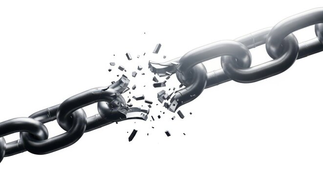 Broken metal chain with fragments flying apart on white background  concept of freedom and strength
