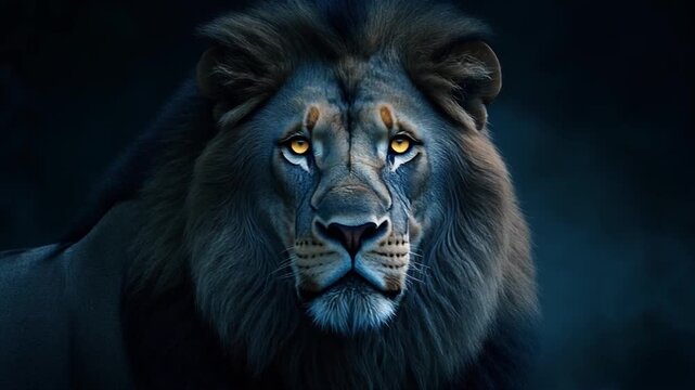 Majestic lion portrait with intense eyes and dark fur