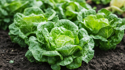 Fresh heads of green butterhead lettuce growing in dark rich soil in a vegetable garden