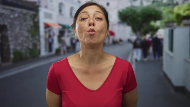 Woman puckers lips and tilts head slightly as if whistling while standing on urban street under warm sunlight; affection.