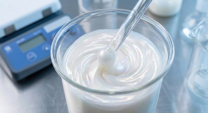 Stirring pearlescent cosmetic cream in laboratory beaker
