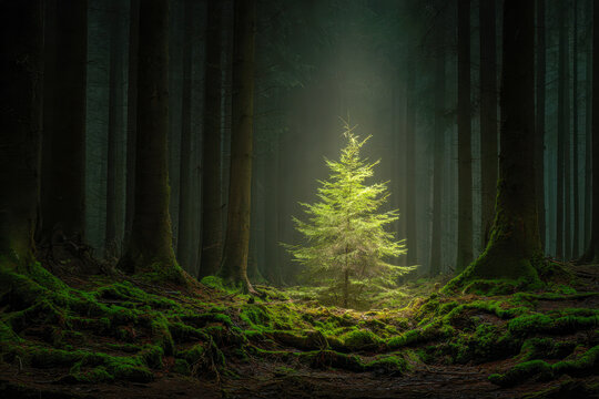 A young vibrant evergreen tree illuminated by a ray of sunlight in the midst of a dark, dense, moss-covered forest during early morning hours