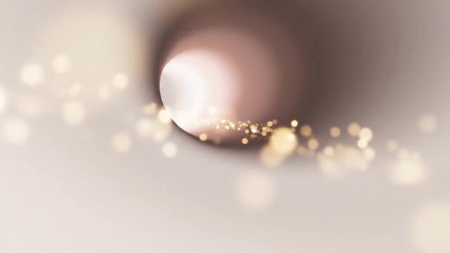 Close-up of a shiny white sphere with golden sparkles on a blurred beige background with bokeh