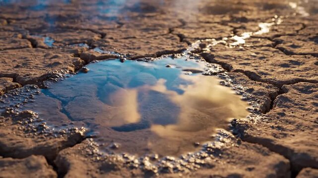 A lone paw print in parched earth slowly filling with water, dry cracked ground surrounding it