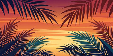 Obraz premium Vibrant tropical sunset with palm leaves silhouette wallpaper for backdrop design needs