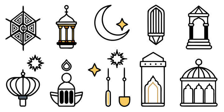 Elegant Islamic architecture and lantern icons for ramdhan, eid, and islamic design, line art icon style