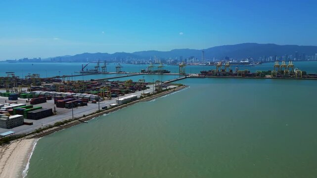 Penang Port container terminal global shipping. Fabulous aerial view drone