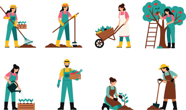 Gardening and Farming Activities Set with People Planting Watering Harvesting and Caring for Crops Vector Illustration Collection