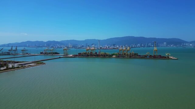 Penang Port container terminal global shipping. Dramatic aerial view drone