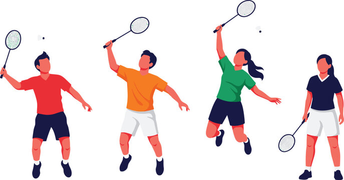 Badminton Players Action Set with Male and Female Athletes Jump Smash and Racket Sport Vector Illustration Collection
