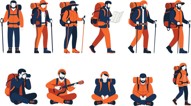 Hiking and Backpacking Adventure Set with Trekker Walking Camping Playing Guitar and Outdoor Travel Activities Vector Illustration Collection
