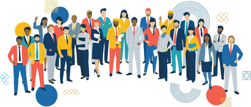 Large diverse group of professional business people and corporate characters standing together representing global teamwork and workplace inclusion