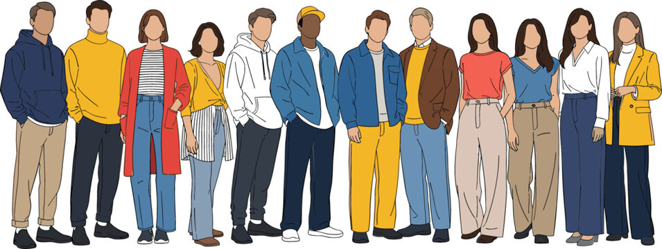 Large group of diverse people standing together in flat vector style for community, corporate team, and social inclusion concept