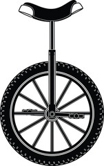 Black and white unicycle silhouette illustration, side view, single wheel, minimalist design, circus equipment, vector icon, isolated on white background, © Kaziul