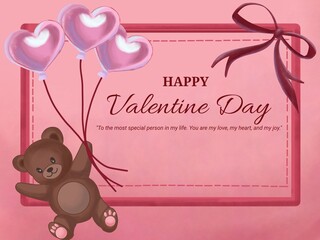 Digital illustration of a teddy bear carrying a heart balloon with a message. Flat style, predominantly pink. Suitable for Valentine's Day themes, and can be used as a greeting card or background.