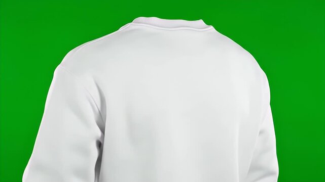 Back of a plain white sweatshirt on a vibrant green screen background