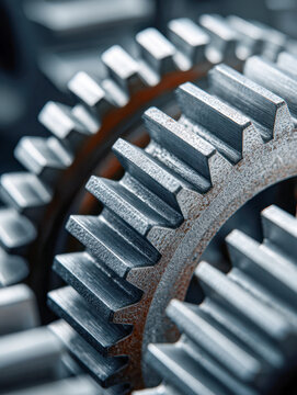 Detailed view of metallic gear teeth showcasing industrial machinery components with textured surfaces and precise engineering craftsmanship under soft lighting cond
