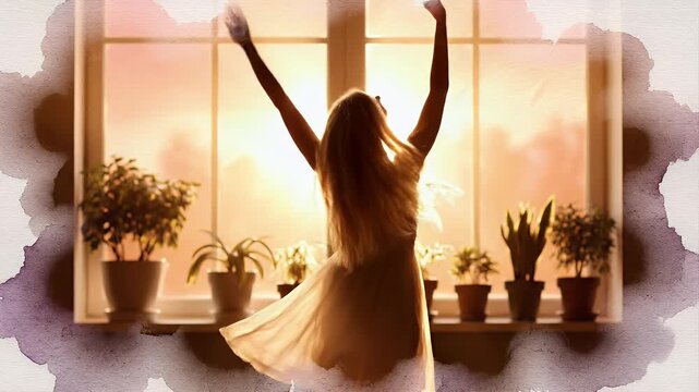 Blissful woman dancing by sun-drenched window, potted plants, framed with watercolors